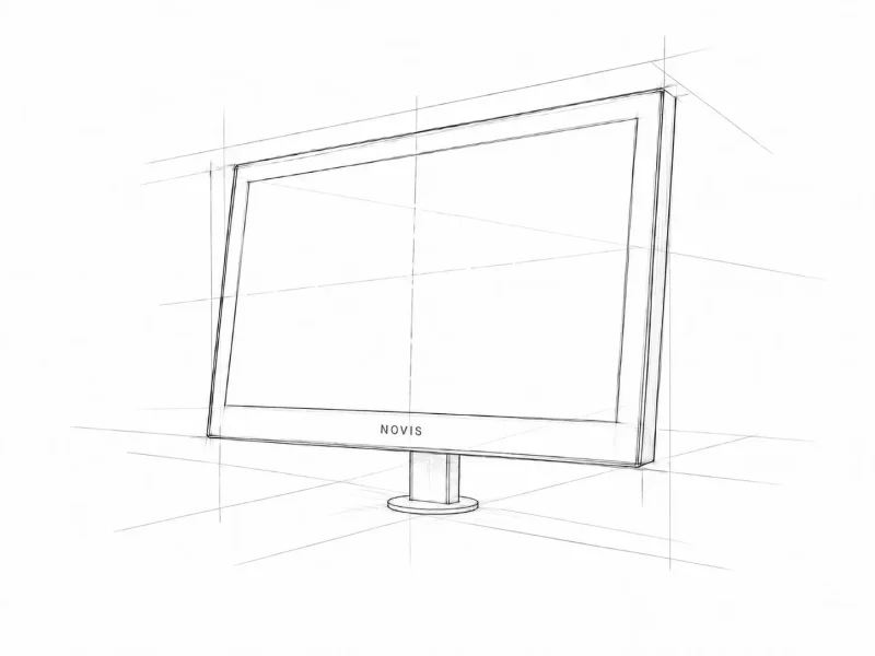 Architektonische Bleistiftskizze eines NOVIS Design-Monitors mit schlankem Rahmen und rundem Standfuß – exklusive Bildschirmlösung für moderne Empfangs- und Arbeitsbereiche.