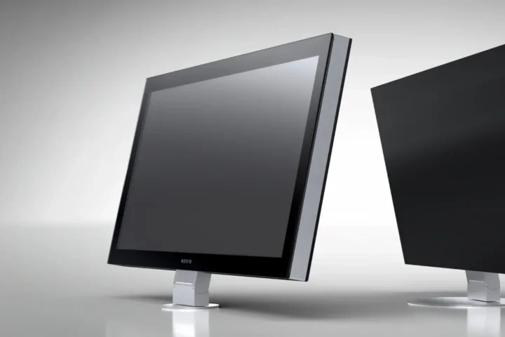 Novis Auftischmonitor LOft desktop in schwarz mit Aluminium Leistenrahmen ohne sichtbare Kabel