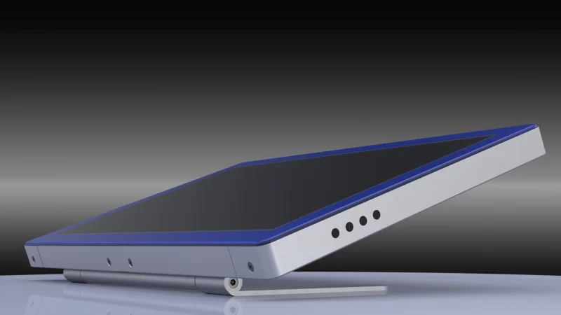 Auf der Theke, Rezeption oder in der Besprechung seitliche Ansicht portabler Monitor FLO evo