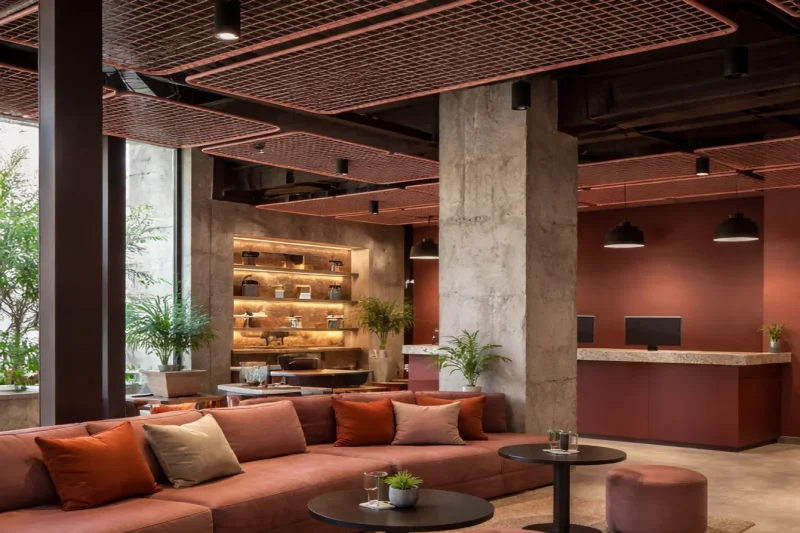 Unser Loft desktop auf einer Empfangtheke oder Hotellobby. Cozy Farben und Materialien treffen auf kaltes Metall und Beton