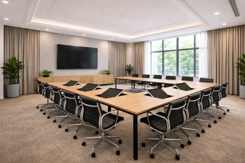 Ein multifunktionaler Seminarraum mit Tischeinbaumonitoren von Novis im Tisch verbaut. Keine Verrenkungen mehr, digitale Mitschau ganz bequem vom Platz aus